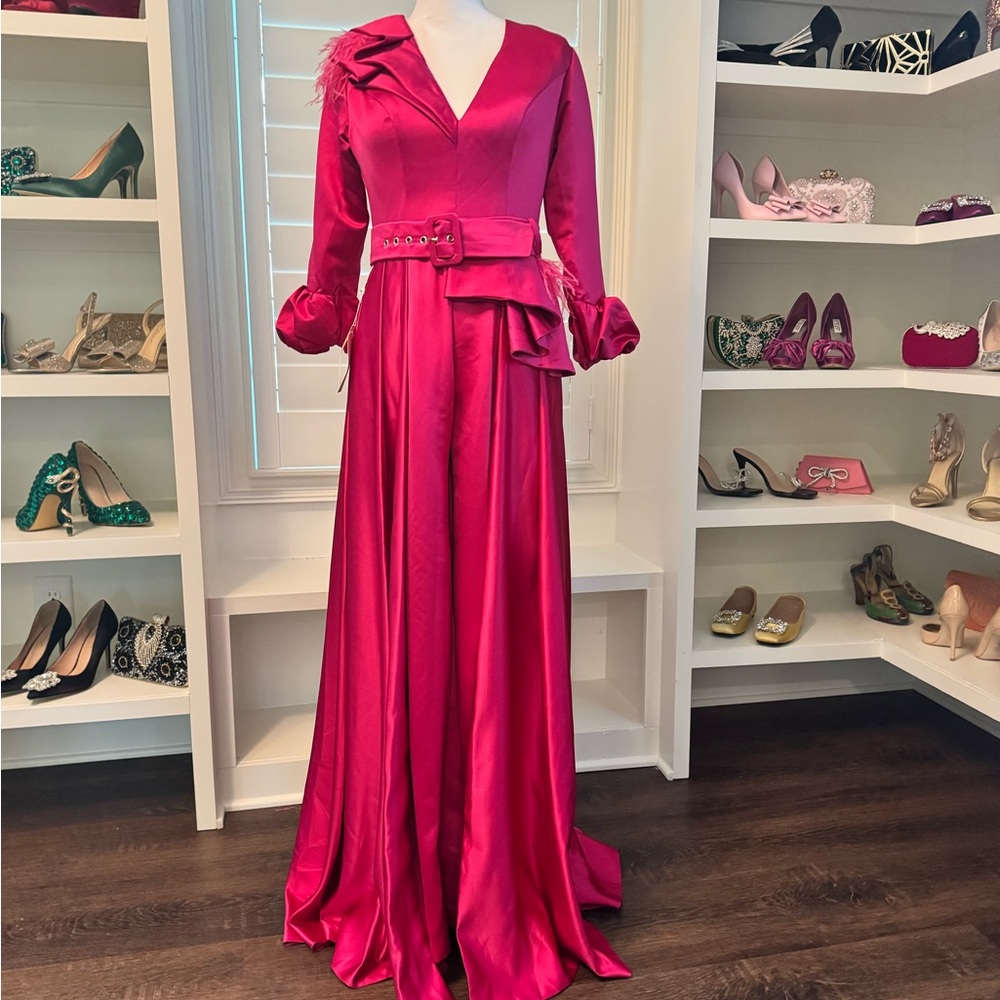 Fuchsia Satin Wide-Leg JUMPSUIT with Belt & Feather Detail – Luxe Evening Style